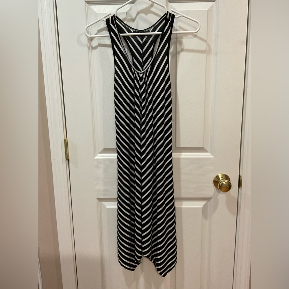 Striped black and white racerback uneven hem maxi dress